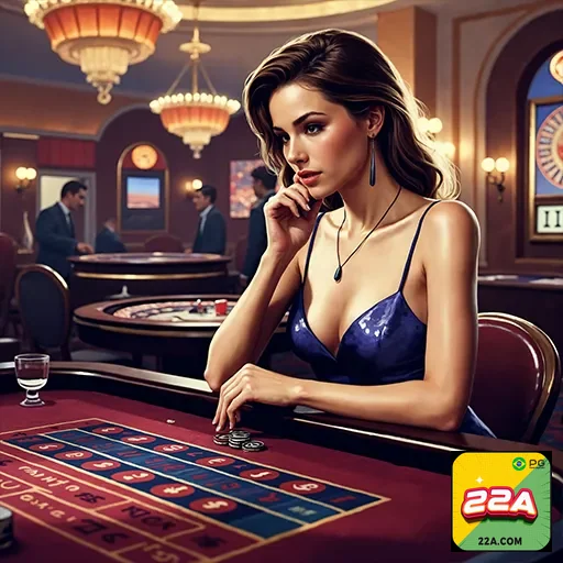 Imagem de um casino vibrante com o logo do site 22a. Casino sofisticado e animado, perfeito para apostas e entreteniment