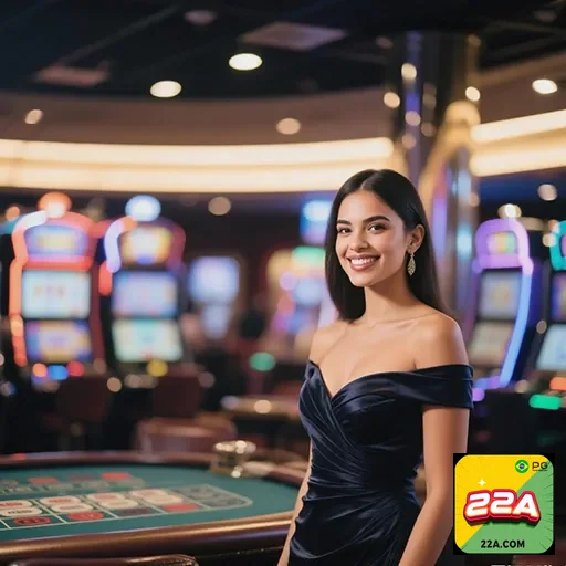 Imagem de um casino vibrante com o logo do site 22a, destaque para jogos de azar e ambiente animado.